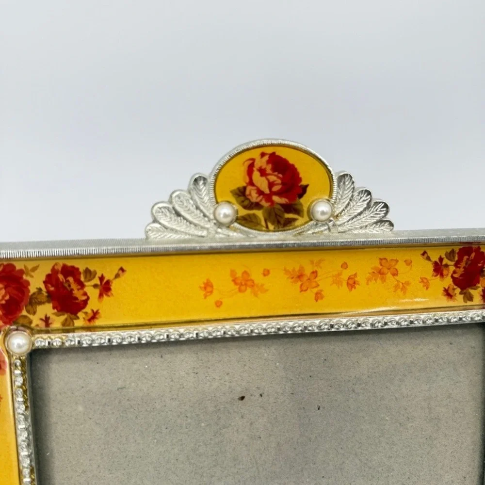 Picture Frame Yellow Floral Enameled Faux Pearl Rhinestone Shabby Chic VTG